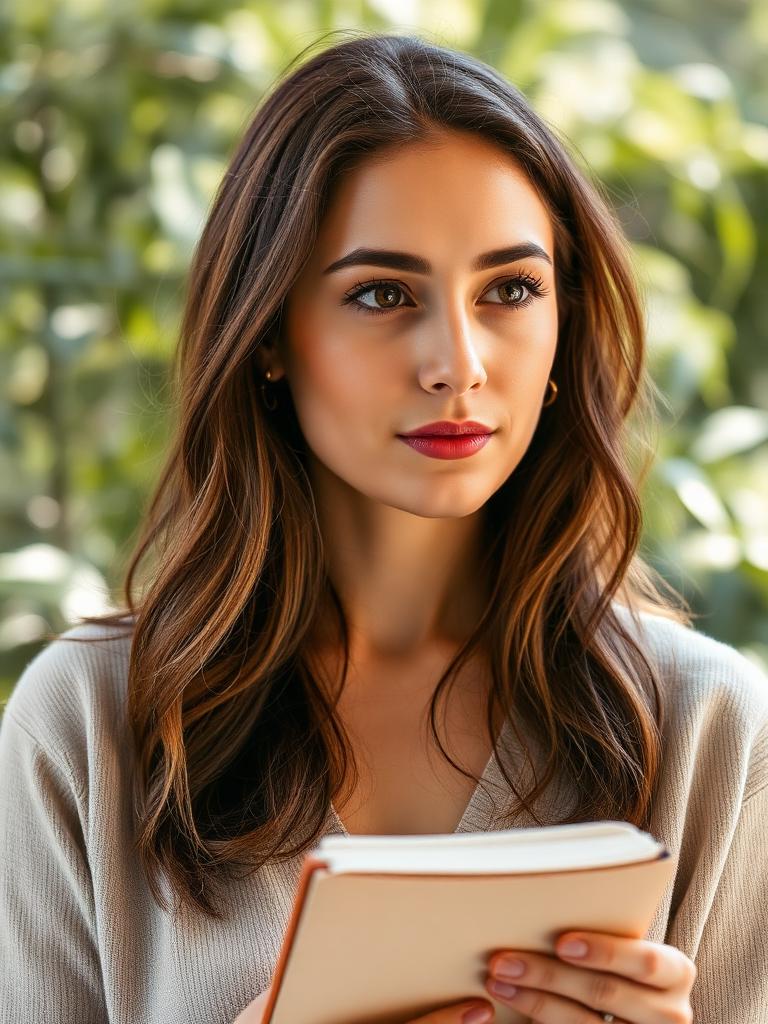 Portrait of Mara Voss with notebook
